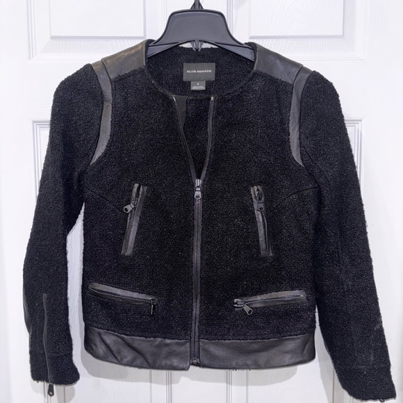 Club Monaco Motorcycle Jacket Womens SZ0 Black Wool Boucle Lambskin Leather Trim - Picture 2 of 12